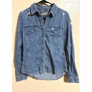 Topshop Moto Womens Distressed Denim Western Shirt Blue Snap Front Medium Wash 8